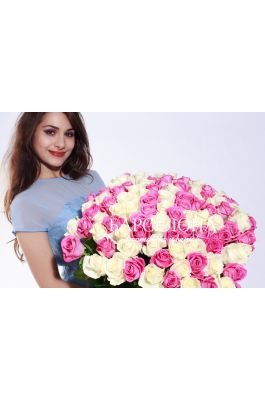 101 Белая и розовая роза 50 см.