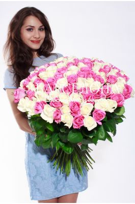 101 Белая и розовая роза 60 см.
