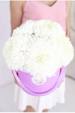 5 белых одноголовых хризантем Magnum в фиолетовой коробке